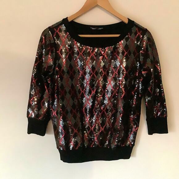 Express Womens Multicolor Argyle Pattern Shimmery Sequined Crewneck Top Sz Small - Picture 1 of 8